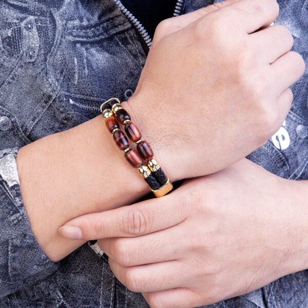 Multilayer Braided Rope Leather Bracelet for Men Black and Gold 3