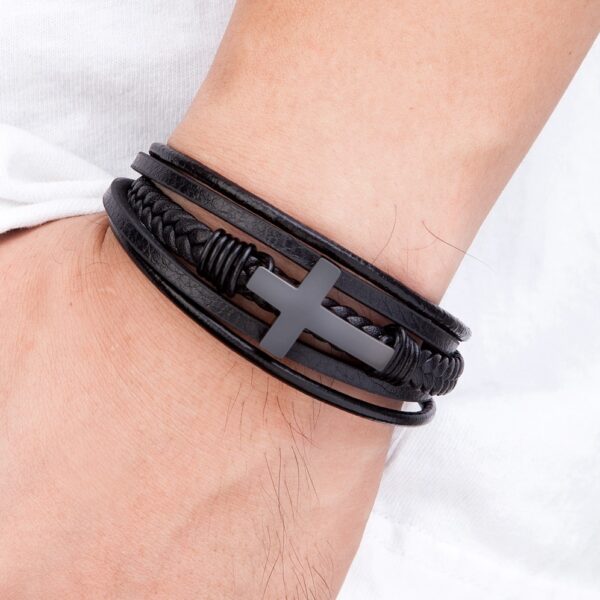 Multilayer Genuine Leather Bracelet for Men with Stainless Steel Cross 5