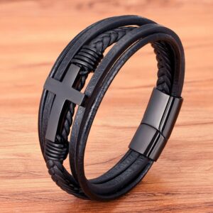 Multilayer Genuine Leather Bracelet for Men with Stainless Steel Cross