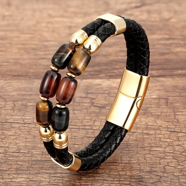 Multilayer Braided Rope Leather Bracelet for Men Black and Gold