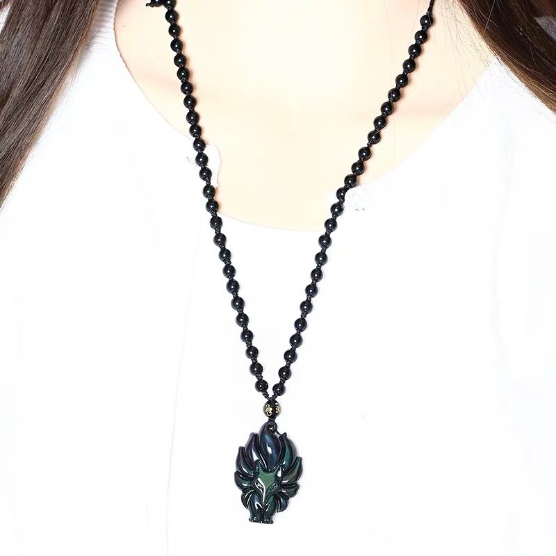Natural Obsidian Nine-tail Fox Protection Amulet Charm Necklace with pendant