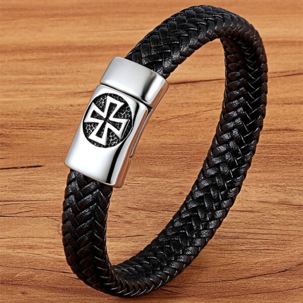 Genuine Leather Bracelet Black Cross Stainless Steel For Men