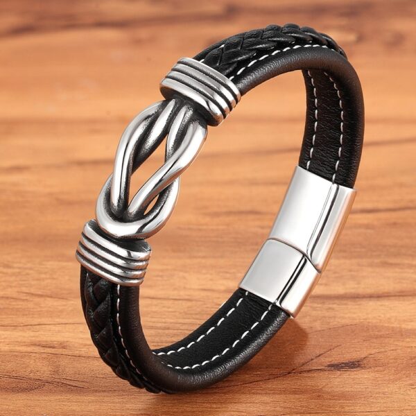 Mens Irregular Stainless Steel Genuine Leather Bracelet 4