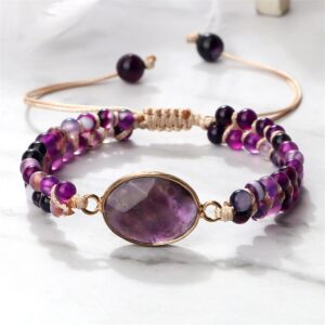Purple Agates Braided Charm Bracelet Natural Stone Beads