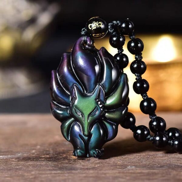 Natural Obsidian Nine-tail Fox Protection Amulet Charm Pendant Necklace