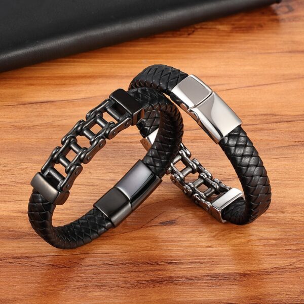 Mens Stainless Steel Leather Bracelet with Bicycle Chain 4