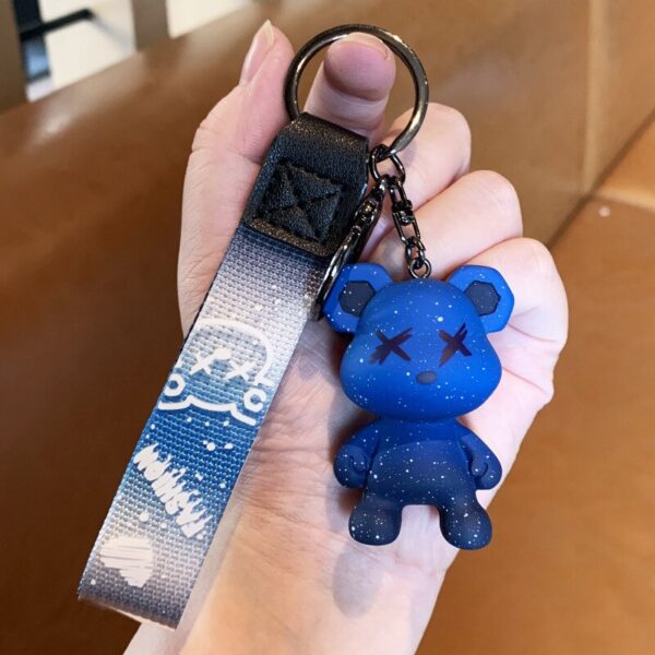 Blue Cartoon Bear Charm Keychain With Cute Wristlet