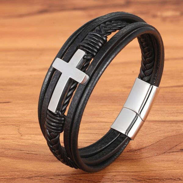 Multilayer Genuine Leather Bracelet for Men with Stainless Steel Cross 4