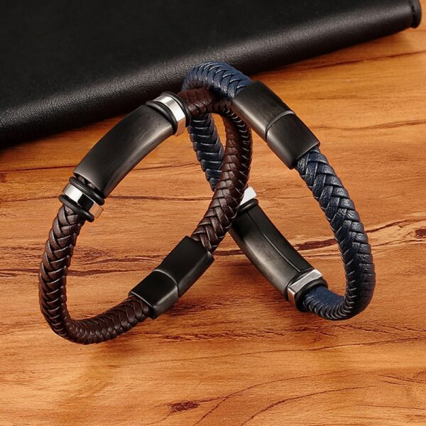 Woven Genuine Leather Stainless Steel Bracelet For Men 4