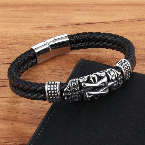 Elegant Stainless Steel Design Double Layer Genuine Leather Bracelet 2