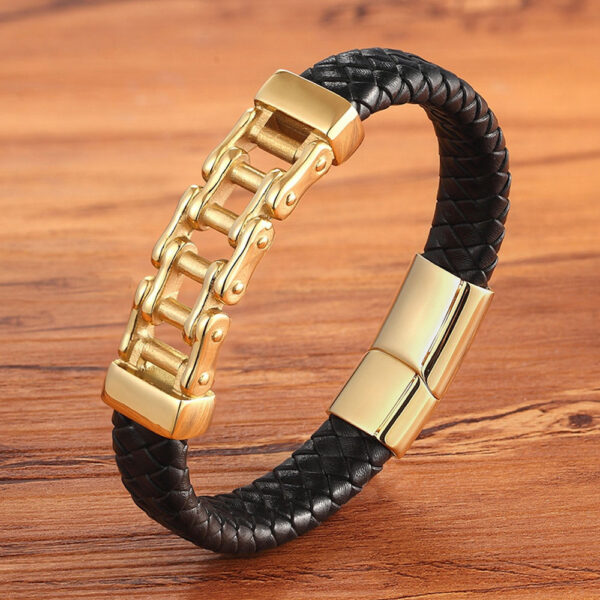 Mens Stainless Steel Leather Bracelet with Bicycle Chain