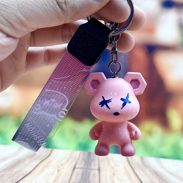 Pink Cartoon Bear Charm Keychain With Cute Wristlet