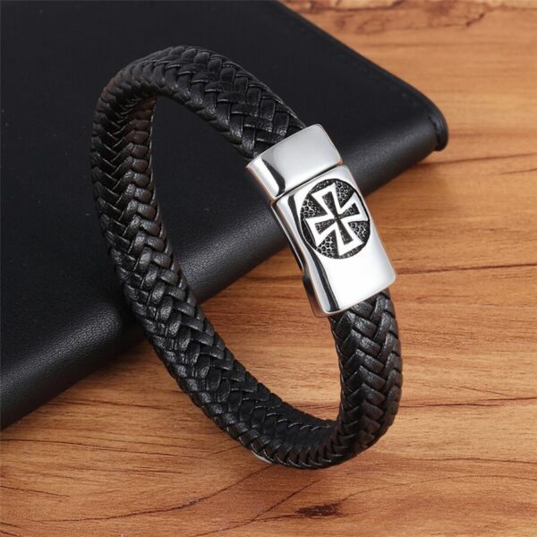 Genuine Leather Bracelet Black Cross Stainless Steel For Men 2