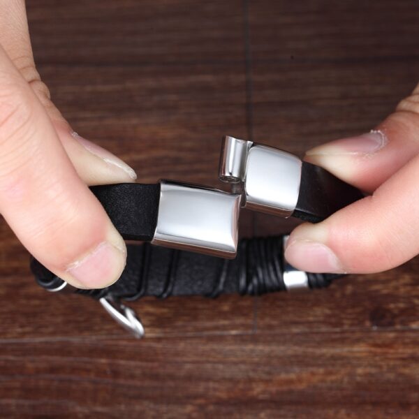 Mens Irregular Stainless Steel Genuine Leather Bracelet 5