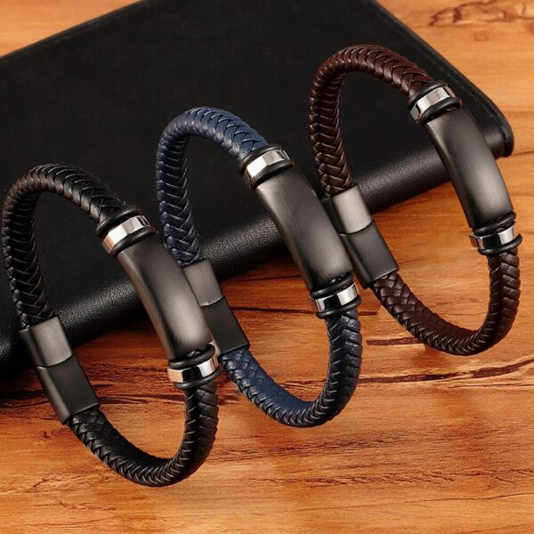 Woven Genuine Leather Stainless Steel Bracelet For Men 3