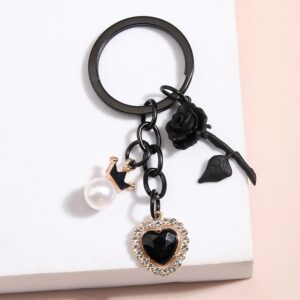 Black Heart and Pearl Crown Keychain with Flower