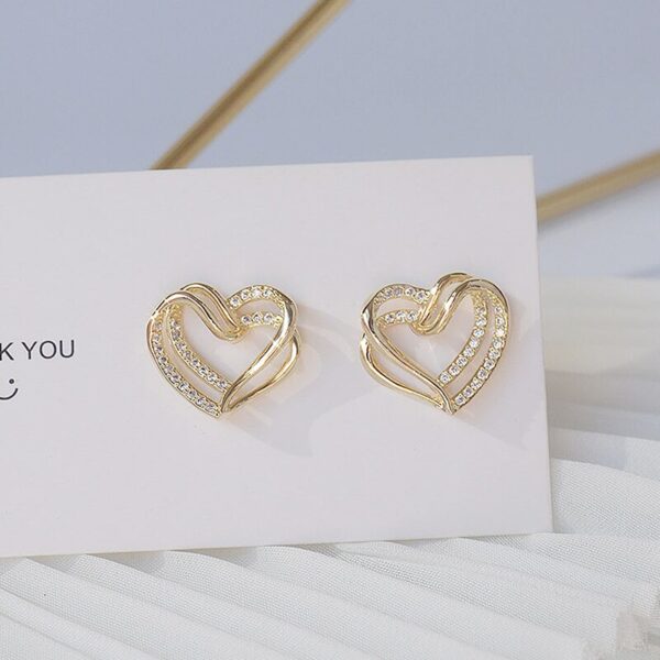 Creative Laminated Staggered Gold Color Peach Heart Micro Zircon Earrings 3