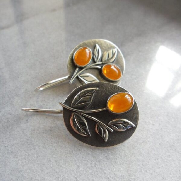 Vintage Amber Stone Earrings Engraved With Orange Leaf 2