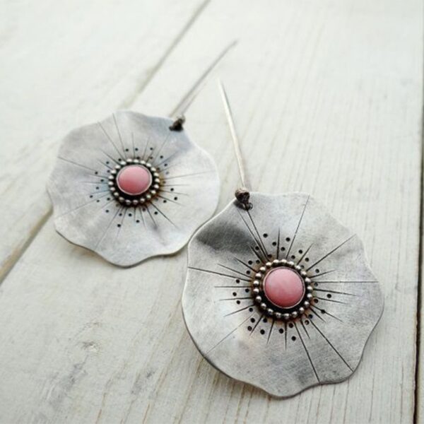 Leaf Flower Pink Stone Handmade Earrings 2