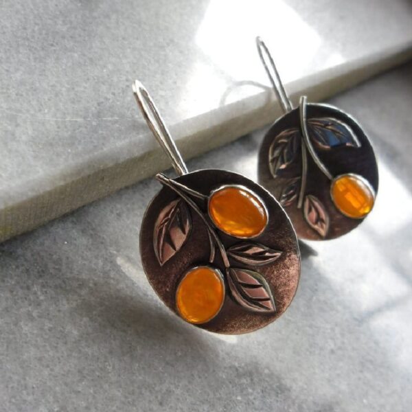 Vintage Amber Stone Earrings Engraved With Orange Leaf 4