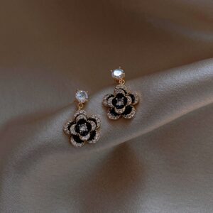 Elegant Lady Zircon Black Camellia Pendant Earrings
