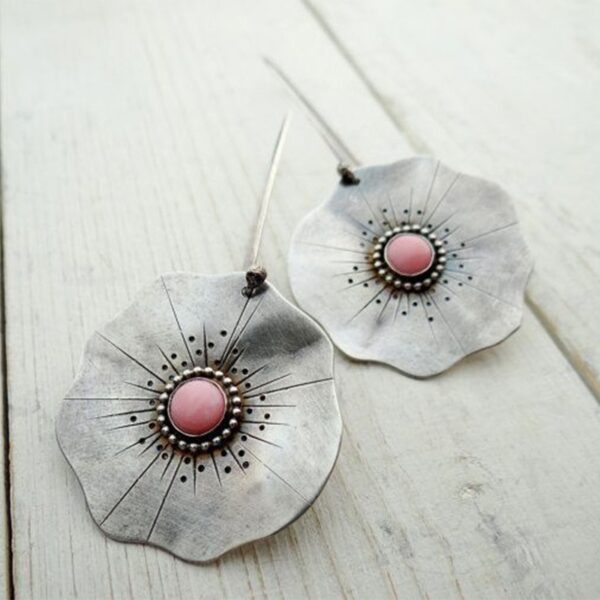 Leaf Flower Pink Stone Handmade Earrings