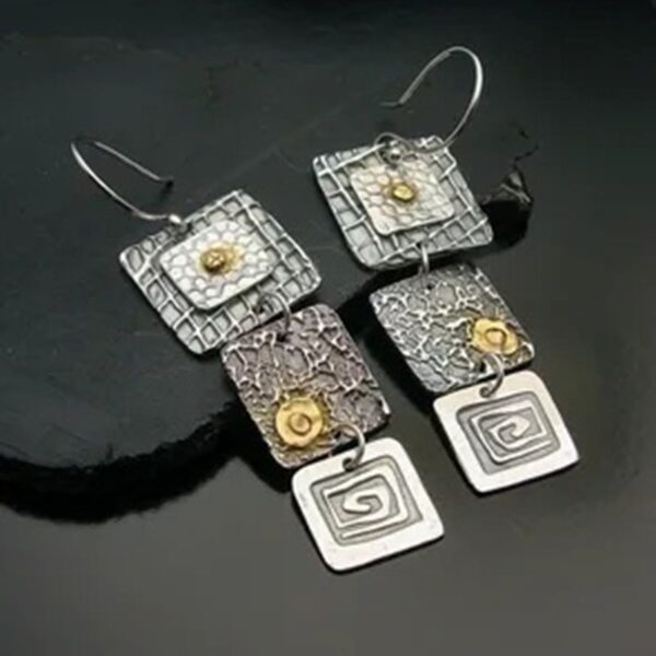 Three Square-shaped Carved Dangle Earrings
