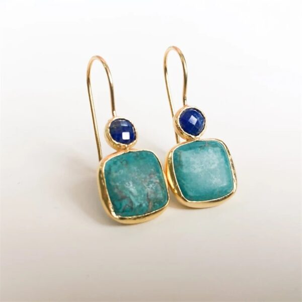 Turquoise Square Earrings with Lapis Lazuli Stones 2