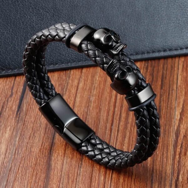 Black Braided Leather Double Skull Bracelet
