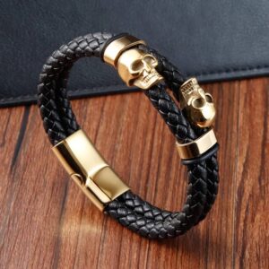 Gold Braided Leather Double Skull Bracelet