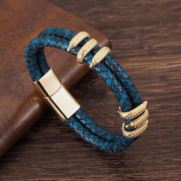 Blue Leather Gold Ornament Stainless Steel Bracelet