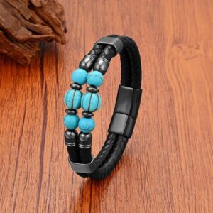 Beaded leather bracelet with turquoise stone
