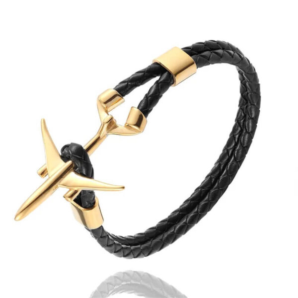 GOLD Airplane Black Leather Rope Chain Bracelet