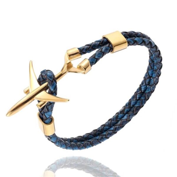 GOLD Airplane Blue Leather Rope Chain Bracelet