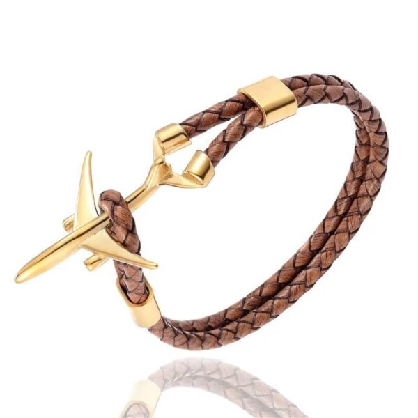 GOLD Airplane Brown Leather Rope Chain Bracelet