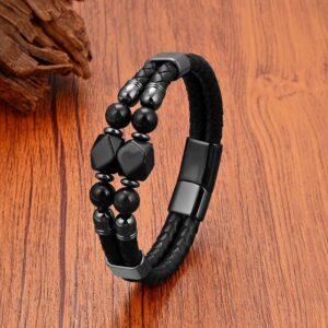 Men’s Black Agate Genuine Leather Beaded Bracelet