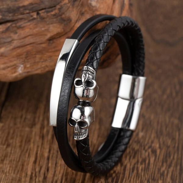 Two Skull Charms Black 3-Layer Braided Leather Bracelet