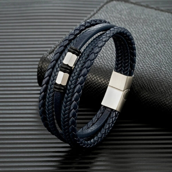 Vintage Steel Multi-Layer Braided Blue Leather Bracelet
