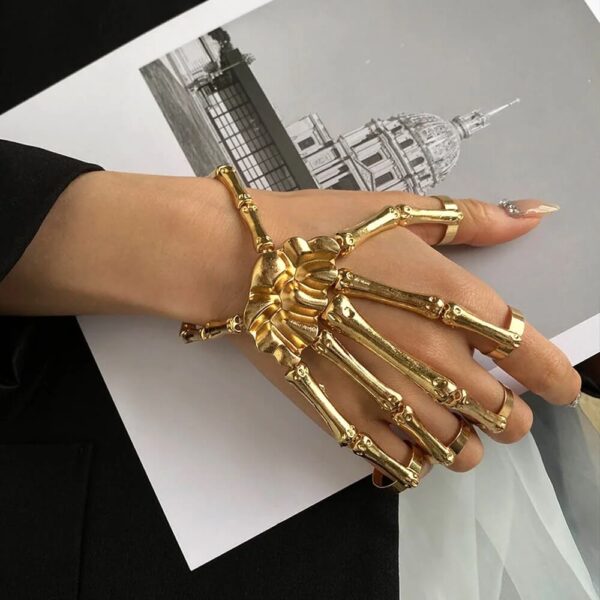 Gothic Skeleton Finger Ring Gold Hand Bracelet