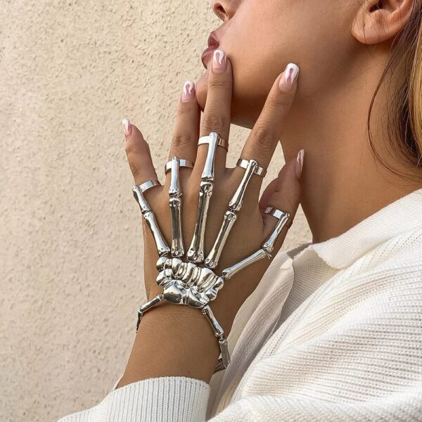 Silver Gothic Skeleton Finger Ring Hand Bracelet