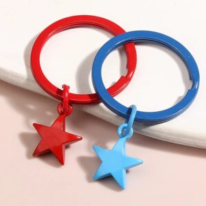 2Pcs Red & Blue Star Keychain Stainless Steel Keyring