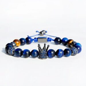 Black Cz Crown Blue Tiger Eye Bracelet