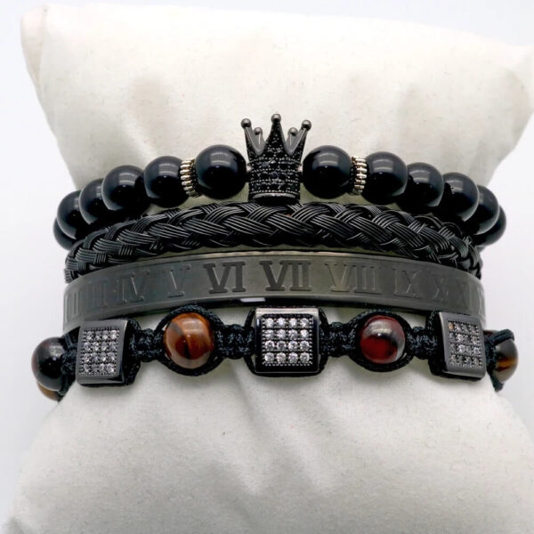 Black Roman Numeral Cubic Zirconia Beads Crown Charm Bracelet