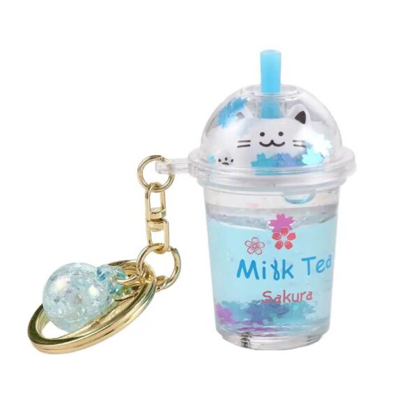 Blue Bubble Tea Boba Cat Liquid Keychain