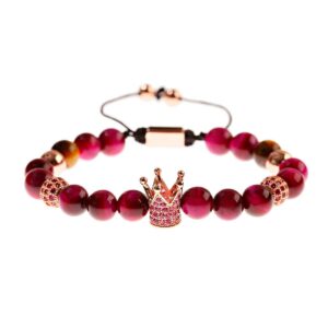 Dark Hot Pink Tiger Eye Bracelet With CZ Gold Crown Charm