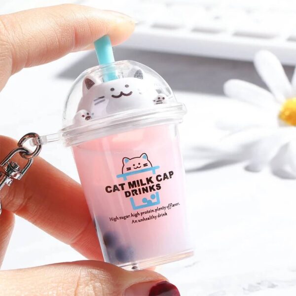 Pink Bubble Tea Boba Cat Liquid Keychain