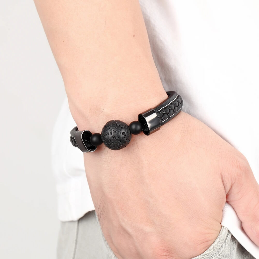 black volcanic Rock Stone Mens leather bracelet (2)