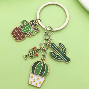 4 Pcs Cute Green Cactus Pot Enamel Keychain Set