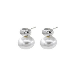 Korean Chrome Metal Oval Pearl Stud Earrings