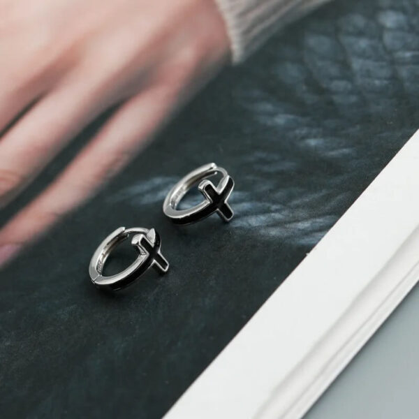 Black Enamel Cross Huggie Earrings (3)